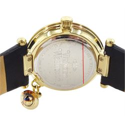 Vivienne Westwood Orb gold-plated quartz wristwatch, on original black leather strap, boxed