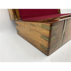 19th century walnut and brass banded writing slope, with square brass escutcheon and rectangular plaque to hinged cover, opening to reveal compartmented interior with berry red felt slope, with key, L49.5cm W25cm