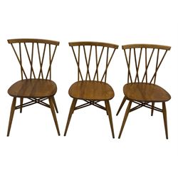 Lucian Ercolani for Ercol - set of six 'Shalstone dining chairs, curved top rail and spindle back with criss-cross design, solid seat raised on tapering supports, united by matching criss-cross stretchers