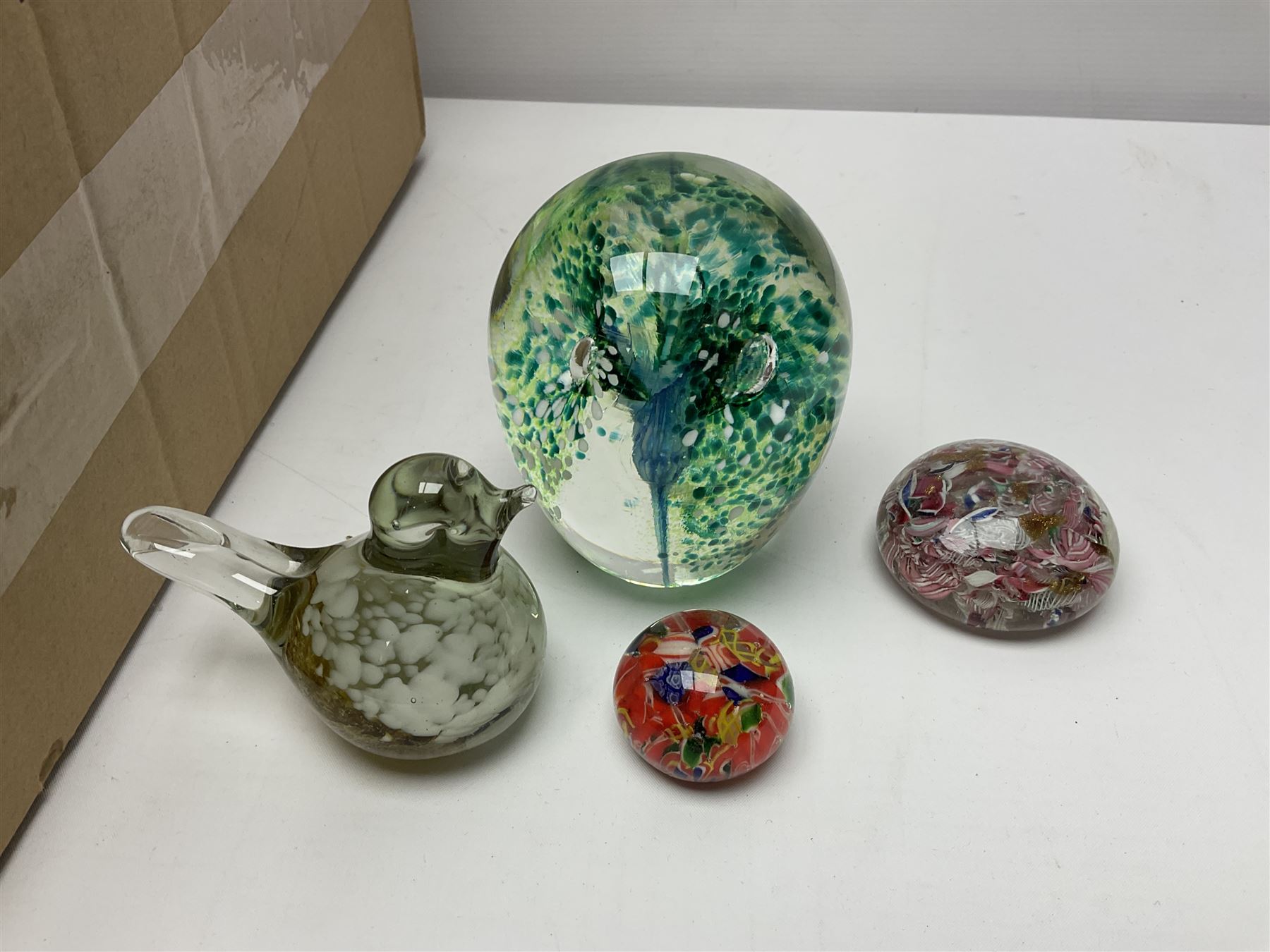 Sanders and Wallace glass paperweight, together with three other paperweights and a collection of glassware, in two boxes