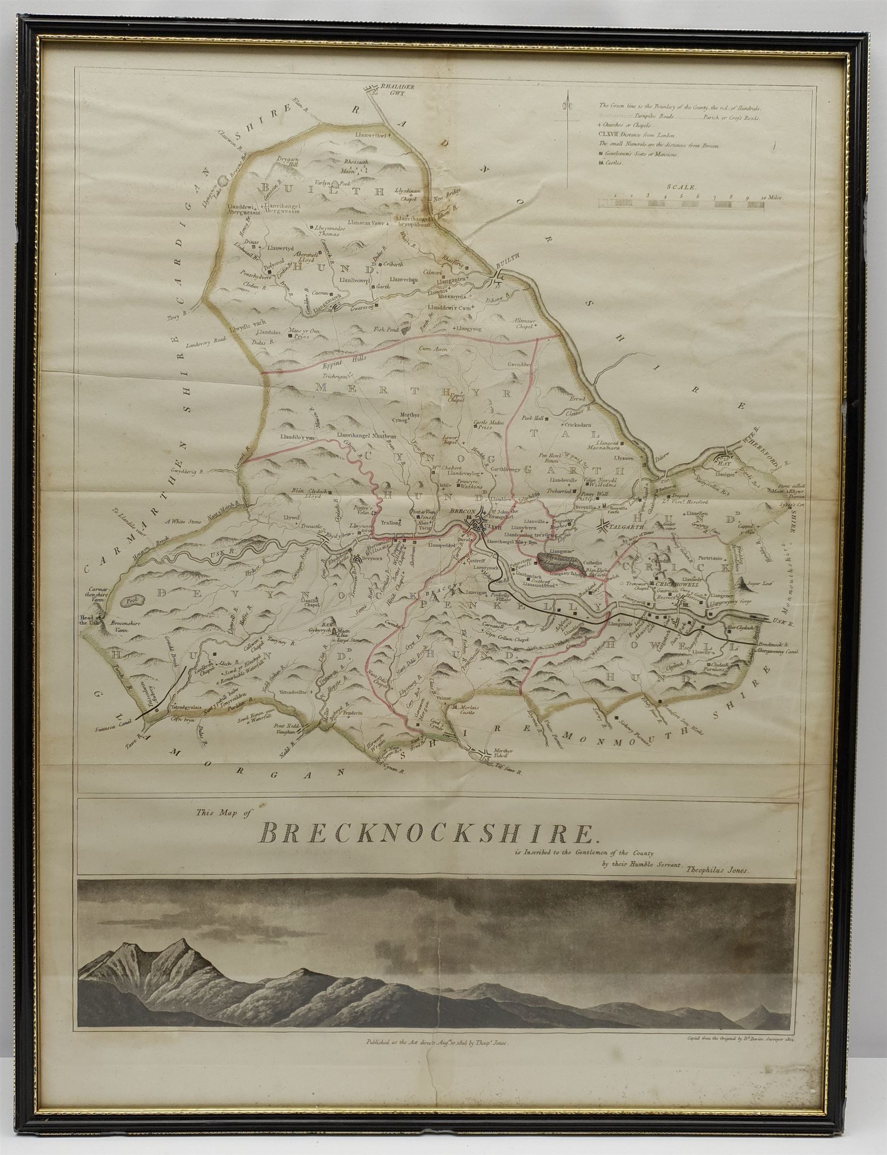 Theophilus Jones (British 19th century): 'Brecknockshire' Wales, early 19th century hand-coloured map pub. 1806, 60cm x 45cm