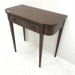 Georgian style mahogany side table, single drawer, square tapering supports, W82cm, H76cm, D41cm