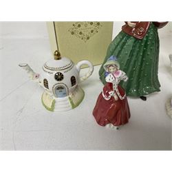 Two Coalport cottages, comprising Teapot cottage and Easter Cottage, together with four Royal Doulton figures, including Holly and Friendship 
