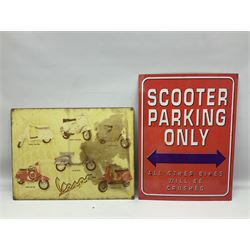 Collection of enamel and collectable badges, costume jewellery, postcards and eight scooter related tin signs, etc