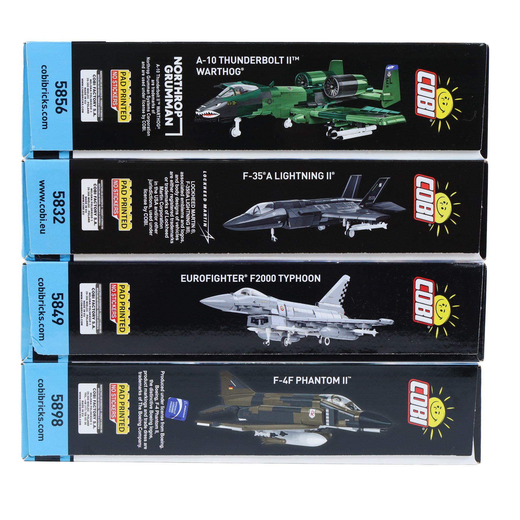 Four Cobi Bricks 1:48 scale Armed Forces sets, comprising no. 5856 A-10 Thunderbolt II Warthog, no. 5849 Eurofighter F2000 Typhoon, no. 5898 F-4F Phantom II and no.5832 F-35 A Lightning II, all in sealed boxes