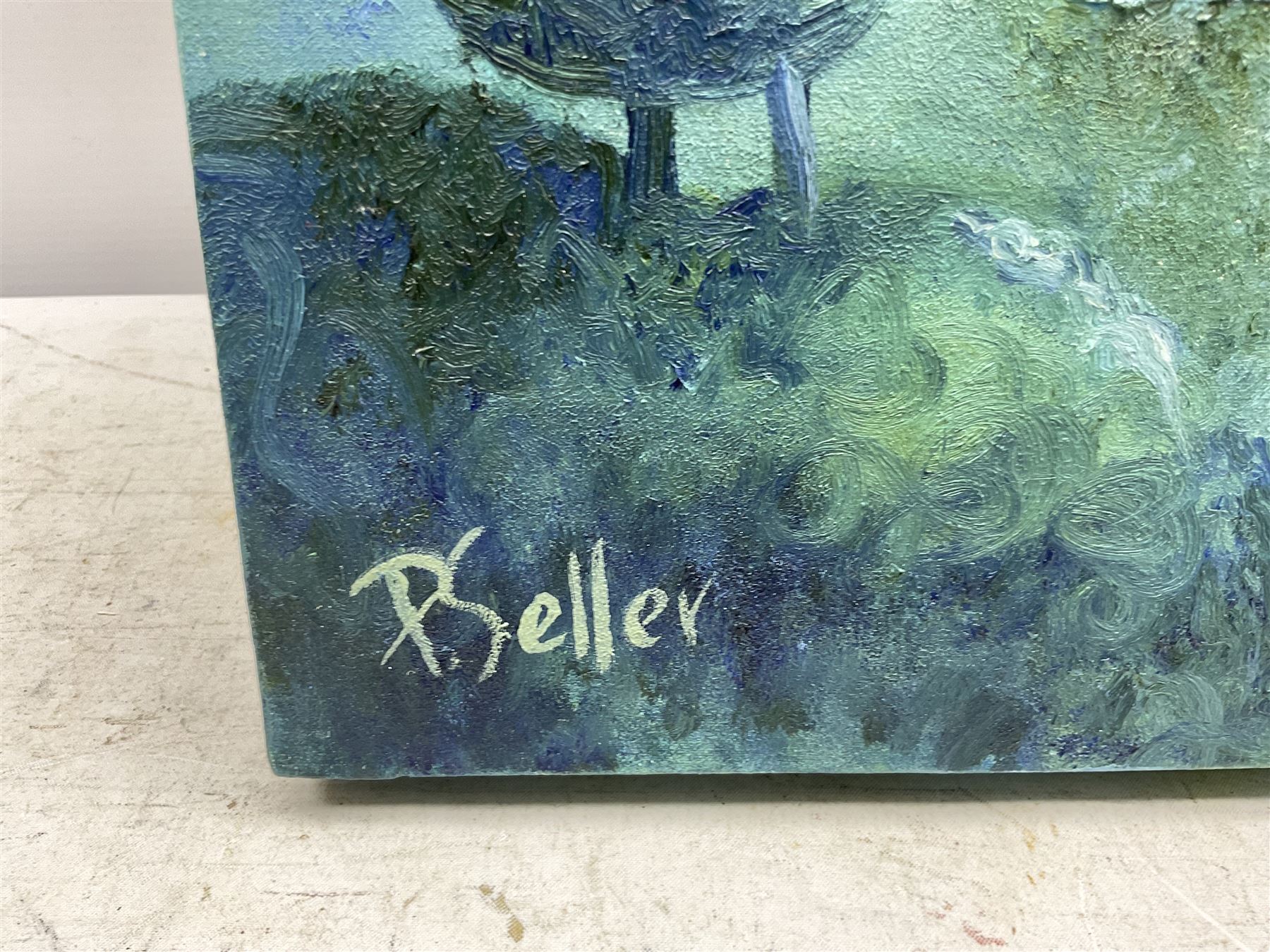 Paula Seller (Northern British Contemporary): Surrealist Sky with Leaves, oil on canvas signed 69cm x 61cm