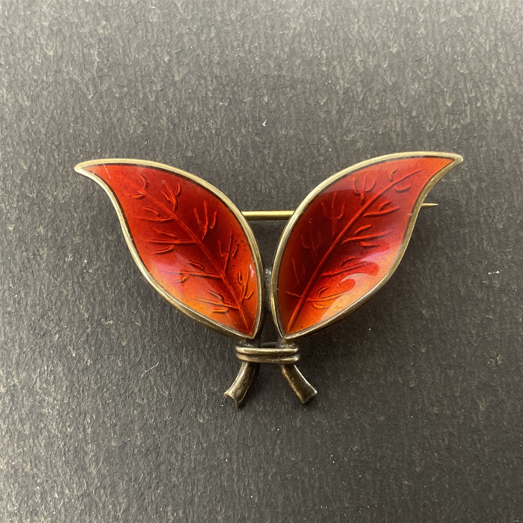 Norwegian silver-gilt red guilloche enamel double leaf brooch, by David Andersen, stamped DA Sterling Norway 925S, H2.6cm