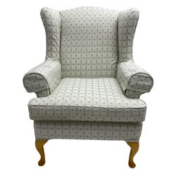 Multi-York - hardwood framed wingback armchair, upholstered pale blue lozenge pattern fabric, on light beech cabriole feet - 6 months old