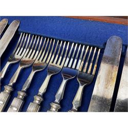 Victorian silver plated dessert set by Elkington & Co for twelve place settings, each reeded handle with vacant cartouche, each with Elkington & Co mark, date letter for 1861, and registration lozenge, contained within a mahogany case with vacant brass cartouche to the hinged cover, opening to reveal a Royal blue baize lined interior with removable tray, case H6cm W29.5cm D26.5cm