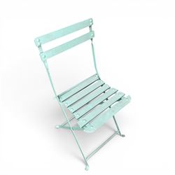 Wrought metal folding garden table, with painted wood plank top; and four matching folding chairs