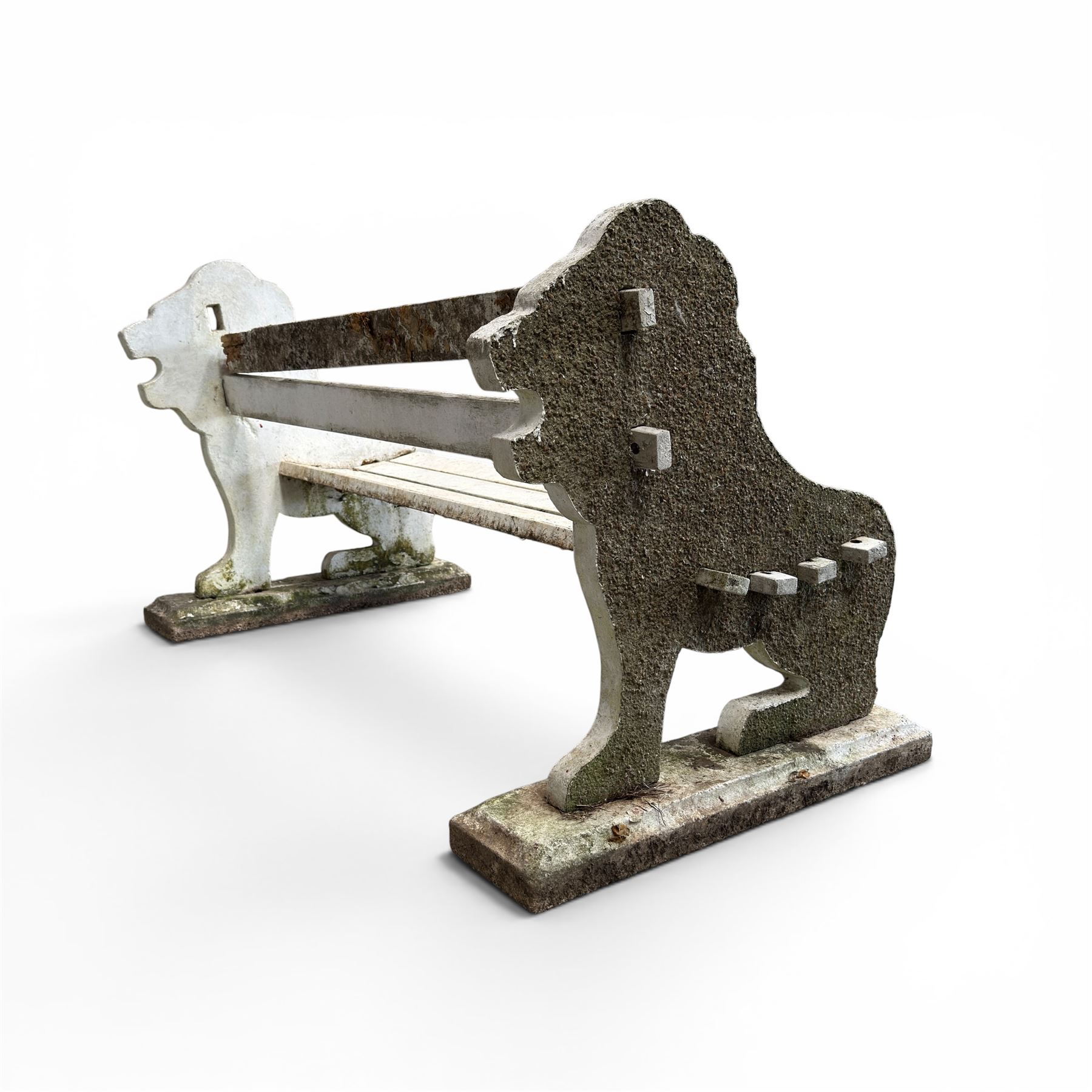 Composite stone white painted garden lion bench, the end supports in the form of standing lions, with pegged back and seat slats
