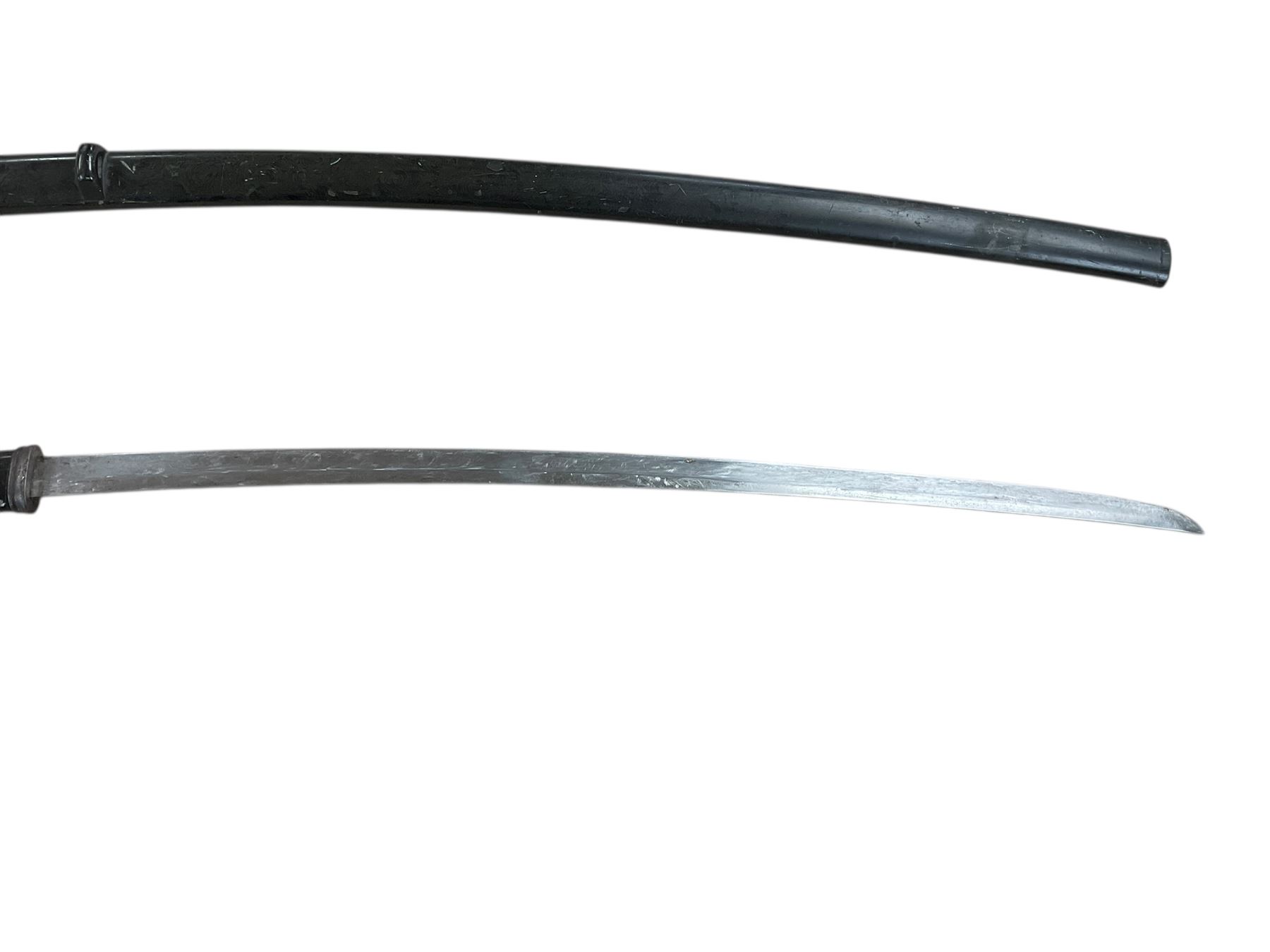 Replica Japanese katana with 63cm curved single edged blade in scabbard, overall L93cm, together with dagger with brass handle in a leather scabbard 