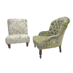 Victorian design armchair, upholstered in buttoned green and floral pattern fabric (W61cm, H78cm); and a bedroom chair upholstered in floral fabric