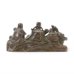 Bronzed Chinese Fu Lu Shou figure group, together with a dragon sculpture  