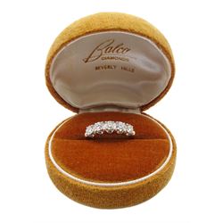 American white gold five stone diamond ring, stamped 14K by Balco Diamonds, Beverly Hills, total diamond weight 1.05 carat, with Ballreich & Co insurance certificate