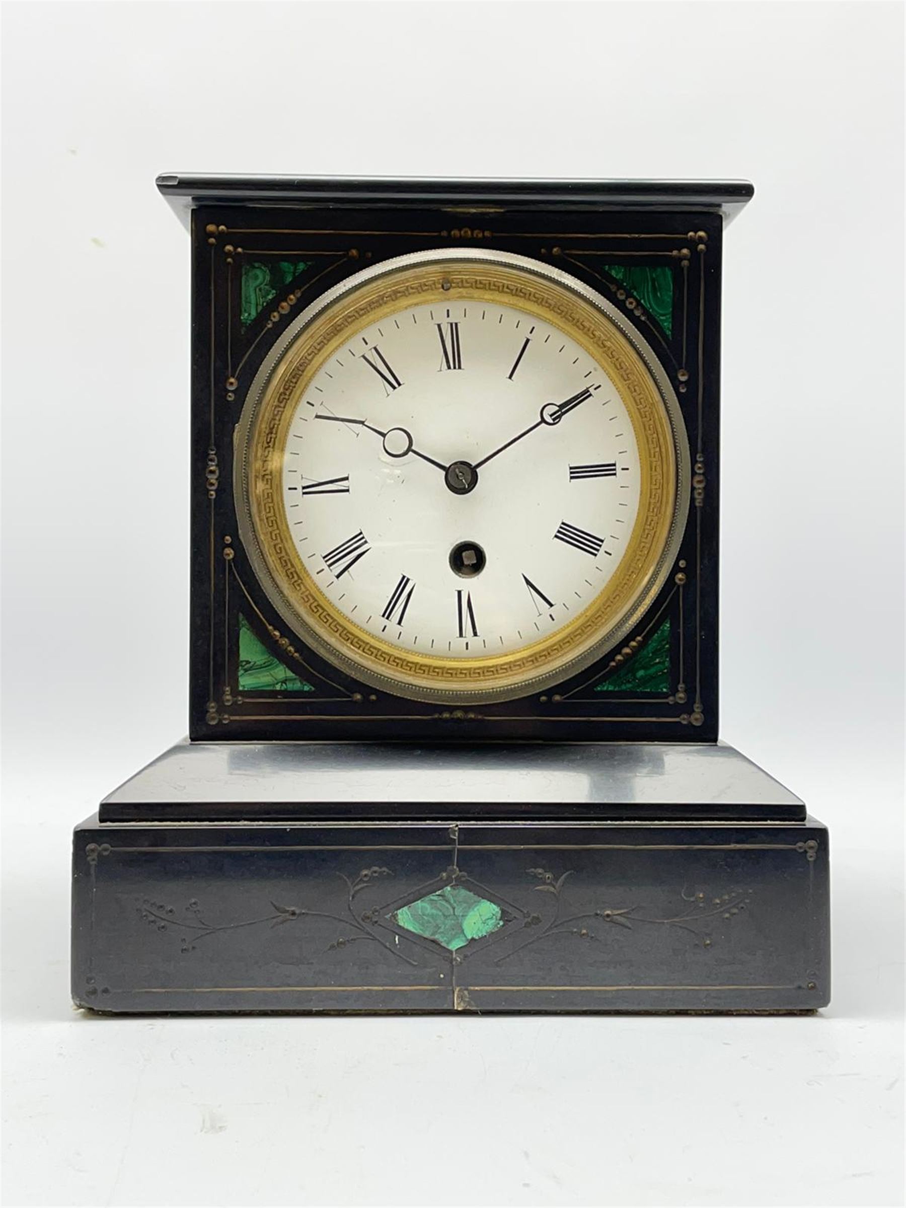 Victorian black slate mantel clock timepiece, the case with engraved and gilt decoration and inlaid with malachite, circular enamel Roman dial, single train driven movement
