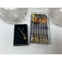 Two silver plate candelabras, together with two glass decanters, necklace and other collectables 