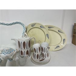 Victorian cabaret set,  comprising teapot, milk jug, covered sucrier, open sucrier, two cups and saucers upon a tray, together with Susie Cooper Hyde Park pattern coffee set, comprising coffee pot, four coffee cans and saucers, dessert plates and three plates in a similar design 