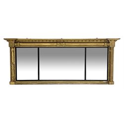 Regency gilt overmantel three piece mirror, projecting cornice, moulded ebonised slip, bevelled glass, turned and moulded upright pilasters 