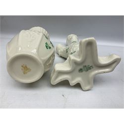 Five late 19th/early 20th century and later Belleek vases, comprising pair of Lotus Blossom examples, shamrock tree trunk vase, twin handled shamrock vase and a baluster form vase decorated with applied roses, all with printed marks beneath, tallest H16cm