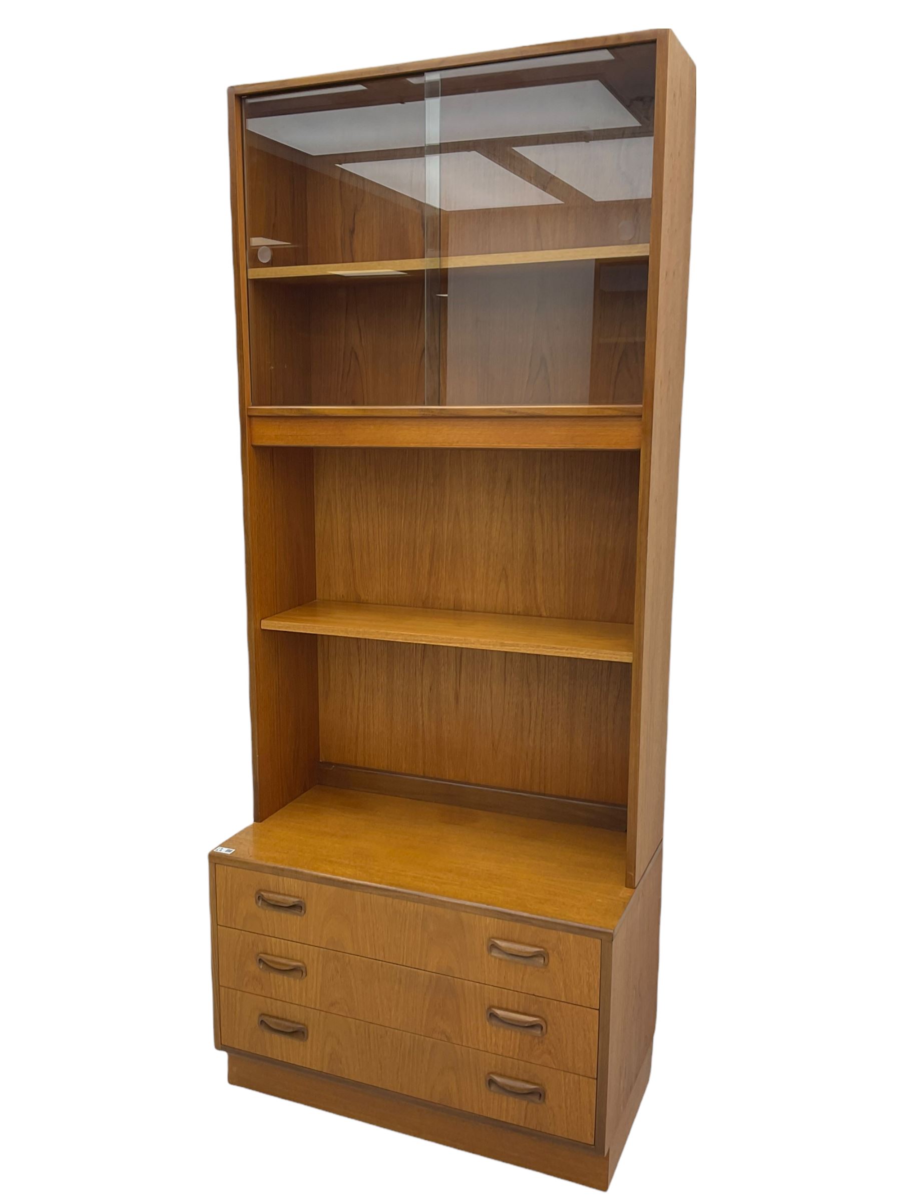 G-Plan teak two sectional modular wall display cabinet, fitted with sliding glass doors, double cupboard and three drawers