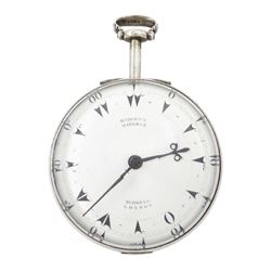 George III silver and gilt metal triple cased verge fusee pocket watch, for the Turkish market by Markwick Markham Borrell, London, No. 23209, ornate classical design pillars, pierced and engraved foliate balance cock, white enamel dial with Turkish numerals, bull's eye glass, the silver cases by James Richards, London 1804, the silver and gilt outer case decorated with green shagreen