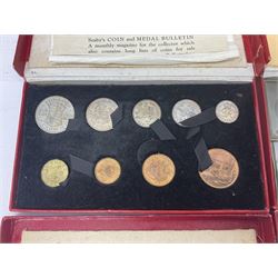 Four King George VI 1950 specimen coin sets, each comprising farthing, half penny, penny, threepence, sixpence, English  one shilling, Scottish one shilling, two shillings and half crown, each in red Royal Mint card case