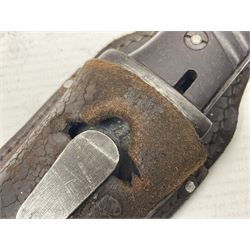 WWII German K98 Mauser bayonet by E. & F. Horster, the 24.5cm fullered blade marked 43aSW for 1943, numerous inspection marks to blade and pommel, bakelite grips and bluing to metal parts; in steel scabbard with corresponding numbers and leather frog L42cm overall