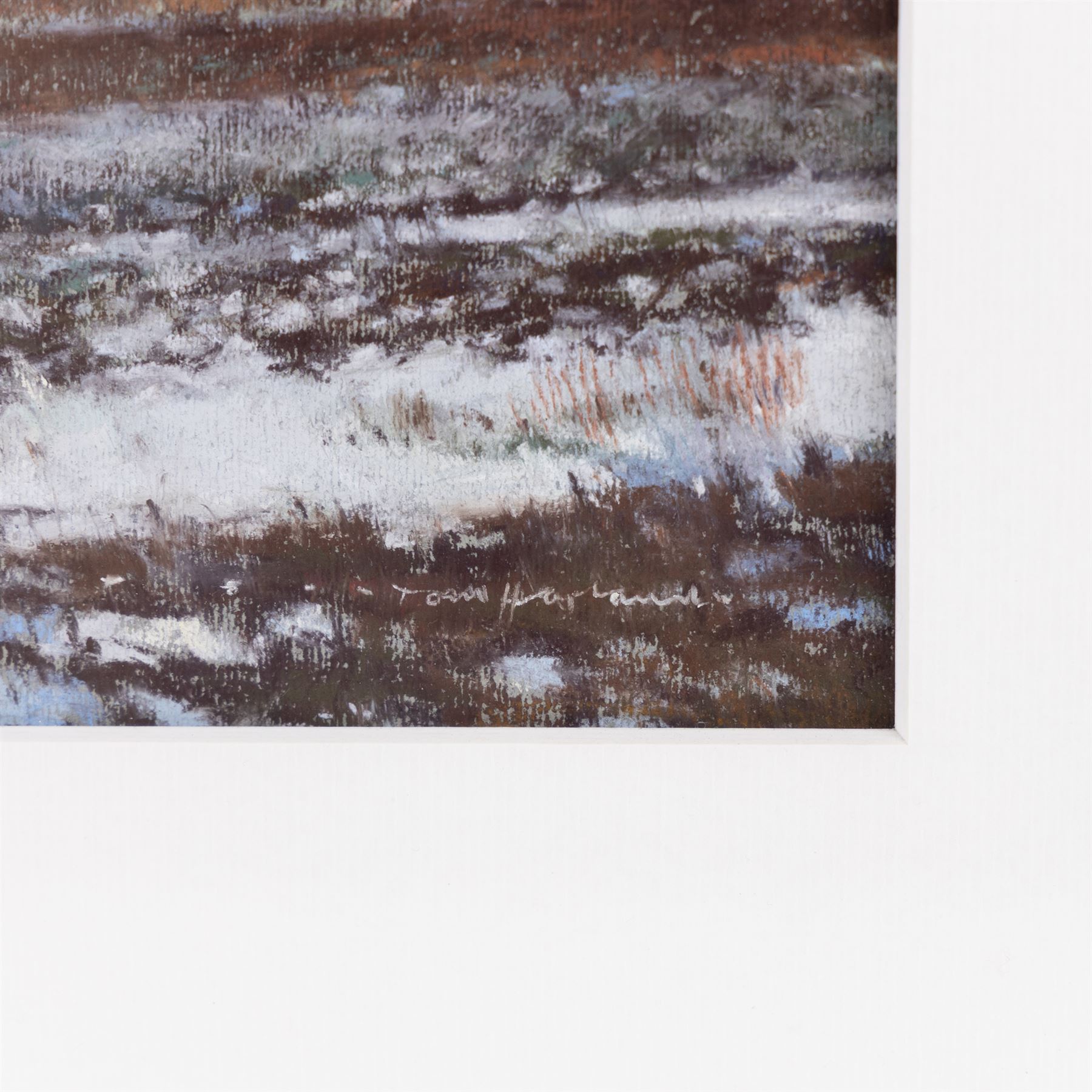 Tom Harland (Yorkshire 1945-2012): 'Snow Flurries', oil pastel on board signed, titled verso 28cm x 27cm 