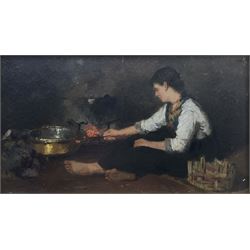 Johannes Weiland (Dutch 1856-1909): Girl Tending a Fire, oil on panel signed 14.5cm x 25cm 