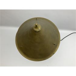 Arts & Crafts Jesson, Birkett & Co, brass table lamp or wall light, designed by Thomas Birkett, the tapering stem with adjustable ball pivot supporting a conical shade with tapering final with ball terminal, upon a circular domed base pierced for wall mounting, shade positioned upright overall H57cm

Often misattributed to Arthur Stansfield Dixon for Birmingham Guild of Handicraft, this particular lamp was designed by Thomas Birkett.
In the late 1890's Birkett worked as a metalwork at the Birmingham Guild, before later joining the Faulkner Bronze Company which went on to become Jesson, Birkett & Co in 1904. The lamp features in lighting catalogues from the firm under the model no E490.

