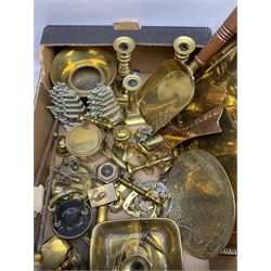 Quantity of brass to include Victorian roasting bottle jack by John Linwood, pair of candlesticks and further miniature candlesticks, rectangular tray, vases etc in two boxes