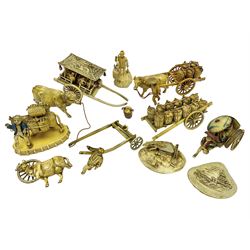 Collection of Japanese celluloid figures, including Rickshaw groups, fishing scene, oxen etc 