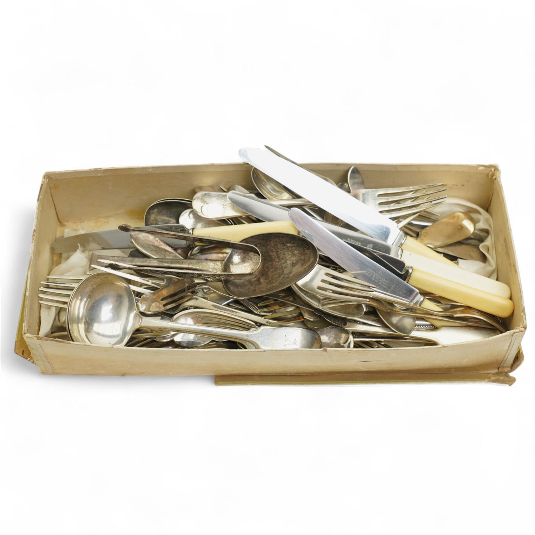 Quantity of plated cutlery, pair of silver sugar tongs, Georgian silver spoon etc