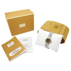 Ebel Sportwave ladies stainless steel quartz wristwatch, Ref. E6087621, grey / brown dial with Roman numeral hour markers and date aperture, gold bezel, boxed with warranty card dated 1997