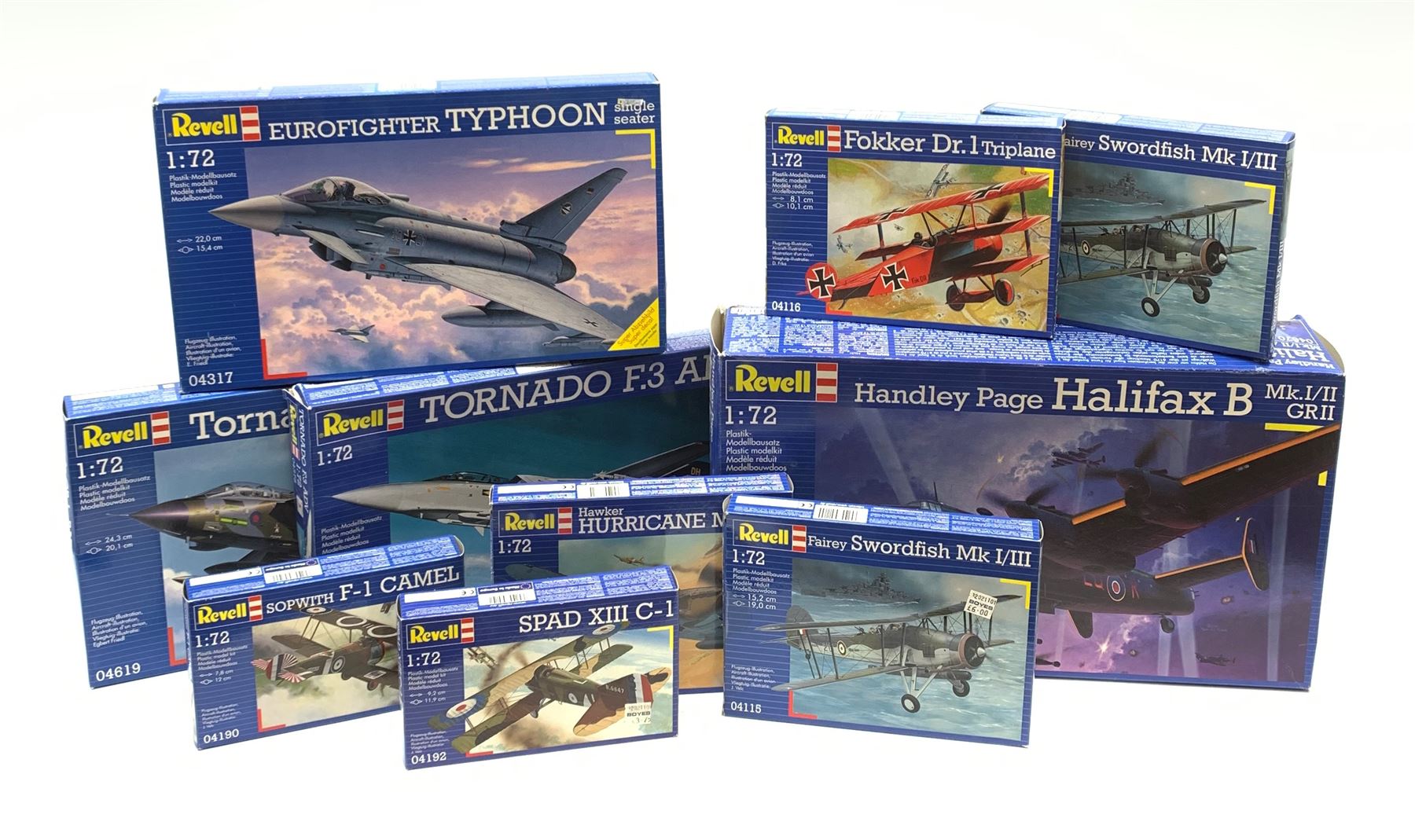 Ten Revell 1/72nd scale plastic model kits of military aircraft including Handley Page Halifax B, Typhoon, two x Tornado, Hawker Hurricane, two x Fairey Swordfish, Sopwith Camel etc; seven in factory sealed boxes; all with factory sealed transparent packaging (10)