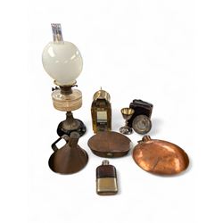 Silver plated communion set by Pratt & Sons London in leather carry case, brass oil lamp w...