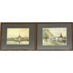 Maung Tun Hla (U Tun Hla) (Burmese 1874-1946): The Shwedagon Pagoda, pair watercolours signed M T Hla 16cm x 21cm (2)