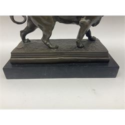 After Charles Valton, bronze, modelled as a lion, upon bronze plinth signed C H Valton, with foundry seal for J B Deposee, and black marble plinth base, overall H20cm L26cm