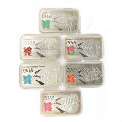 'The Road to London 2012' six commemorative one ounce fine silver proof ingots, cased with certificate