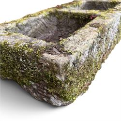 19th century weathered hewn stone double trough rectangular form with two divisions