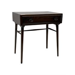 Ercol - dark elm console table, fitted with single drawer, on square tapering supports 