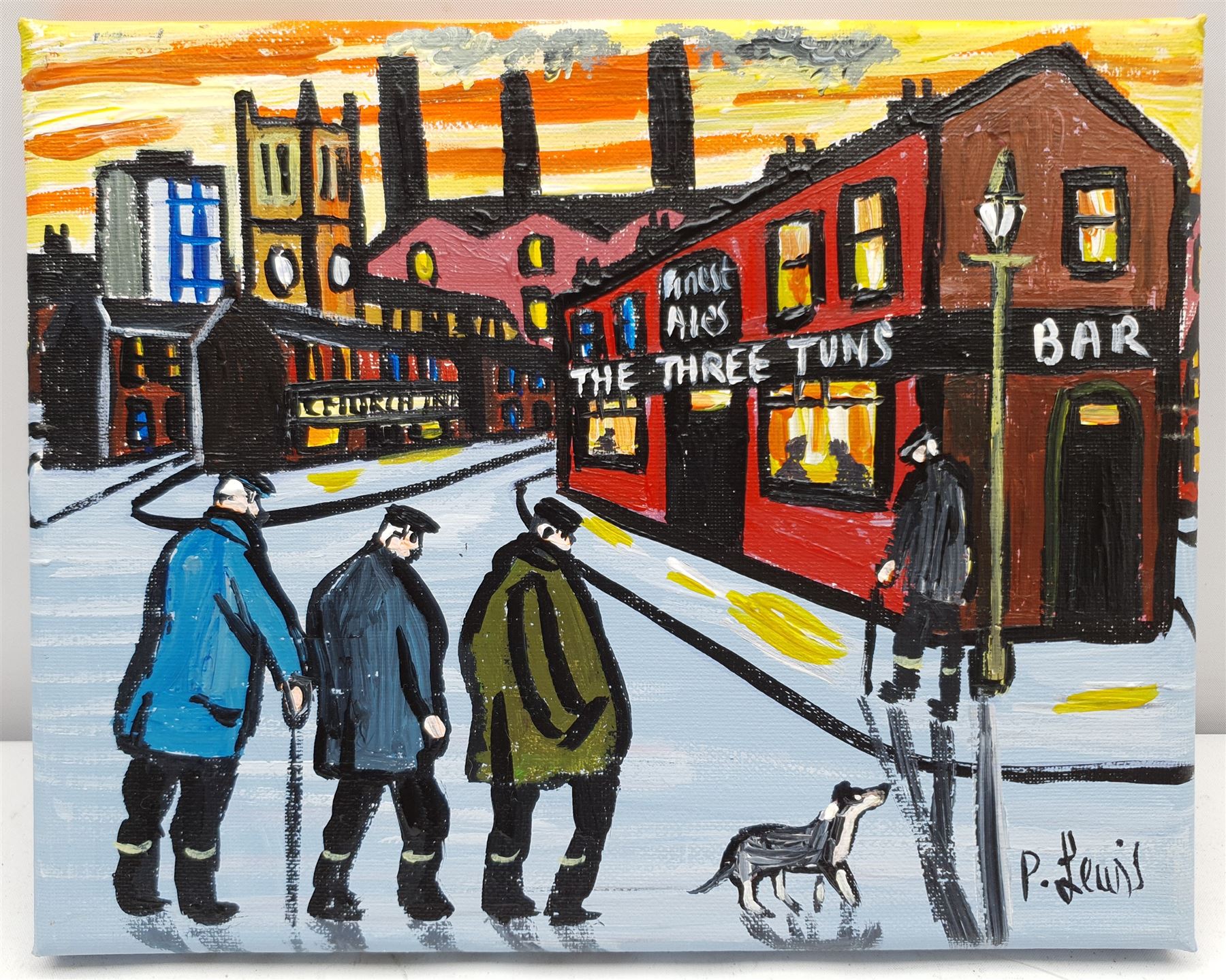 Phil Lewis (Northern British Contemporary): 'Old Codgers' Night Out at the Three Tuns Pub', oil on canvas signed, titled verso 20cm x 25cm (unframed)