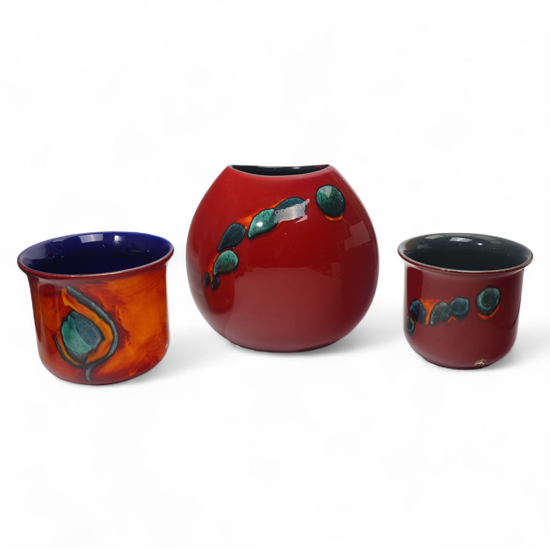 Poole pottery purse vase decorated in the Odyssey pattern, Odyssey pattern fern pot D17cm and a Poole Peacock pattern fern pot D19cm (3)