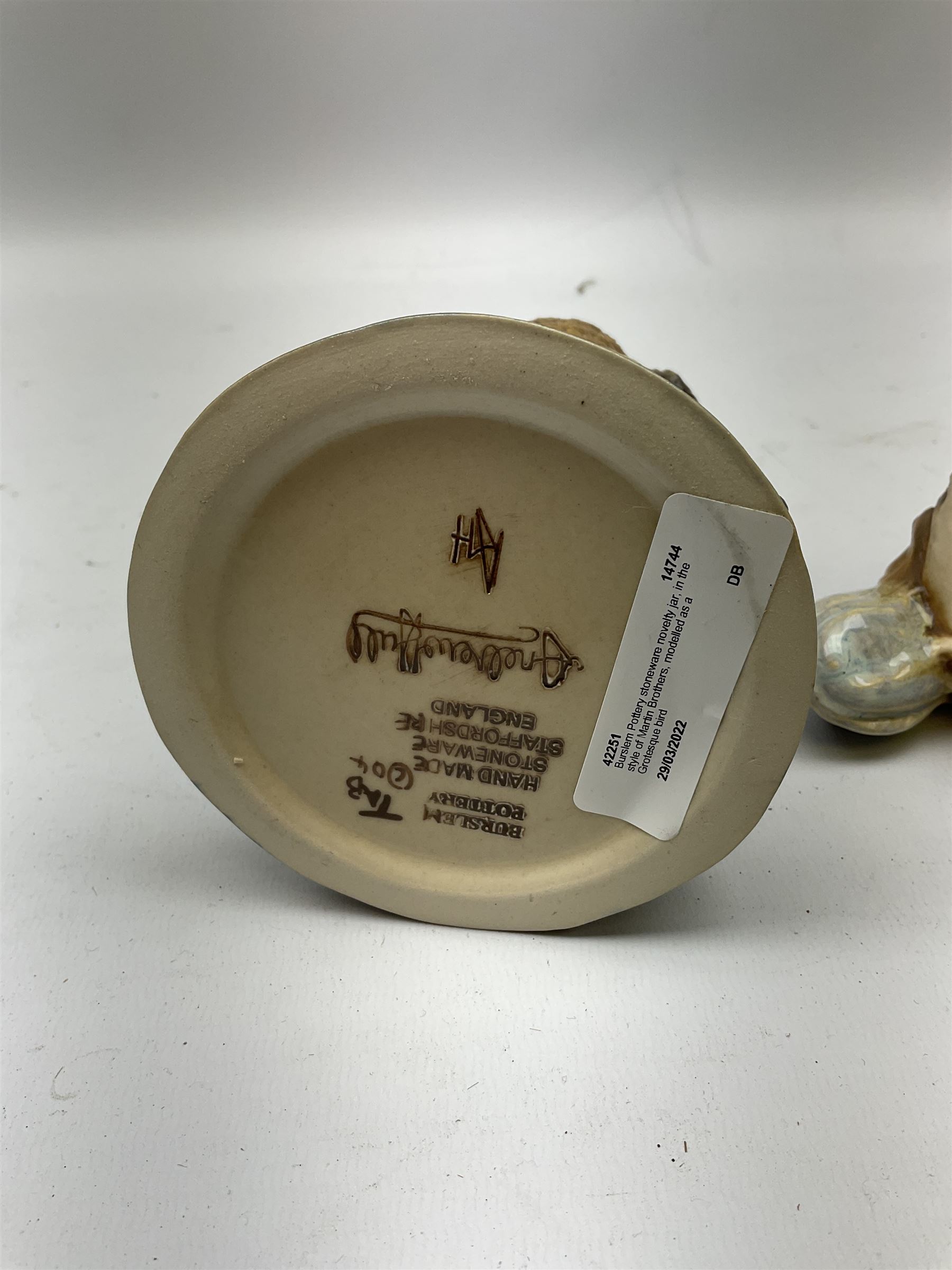 Burslem Pottery 'Boris the Gangster' stoneware novelty jar, in the style of Martin Brothers, modelled as a Grotesque bird, designed by Andrew Hull, with impressed marks beneath, H18.5cm