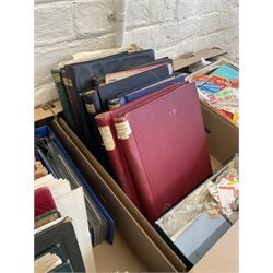 Great British and World stamps, including Queen Elizabeth II mint decimal, greetings booklets, South Africa, United States of America, first day covers, etc, in three boxes