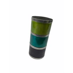 Cylindrical metal vase, decorated with three coloured bands, H22cm