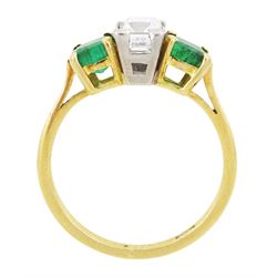 Gold three stone baguette cut diamond an square cut emerald ring, stamped 18ct, diamond approx 0.80 carat, total emerald weight approx 0.65 carat
