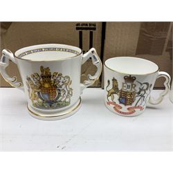 Collection of Victorian and later commemorative mugs, to include Queen Victoria 1887 Jubilee cup, Rd No. 64761, Royal Doulton Victory and Peace mug, 1919, Rd 666159, Royal Doulton King Edward VII blue transfer coronation, Royal Doulton 1937 George Coronation, Harrods Limited Rulers Of An Empire on Which The Sun Never Sets, Royal Worcester Victory in the Gulf, two Shelley examples, Spode limited edition Queen Elizabeth II Golden Jubilee etc in two boxes