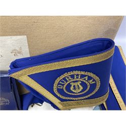 Masonic regalia, including silver gilt St Nicholas Lodge jewel, hallmarked, a plated Royal Masonic Institution for Girls jewel, sash and kid leather apron etc